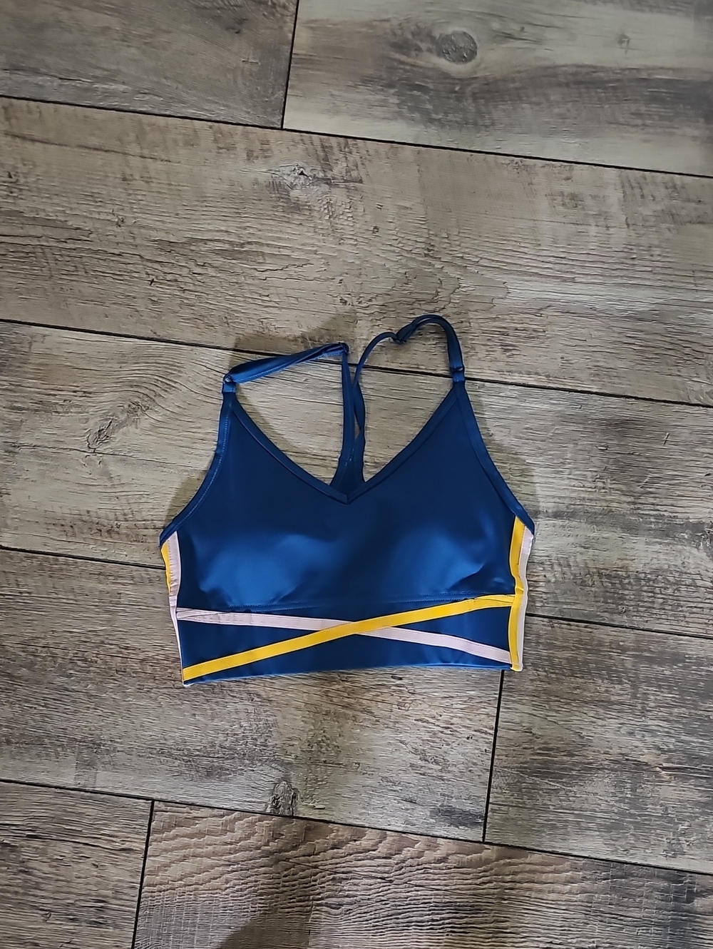 Nike Navy Blue Athletic Sports Bra with Yellow & Light Pink Stripes